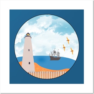 Ocracoke Island Lighthouse with Ship Posters and Art